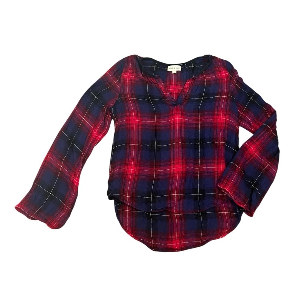 Anthropologie Cloth & Stone Red Navy V-Neck Plaid Blouse Women’s Size Small